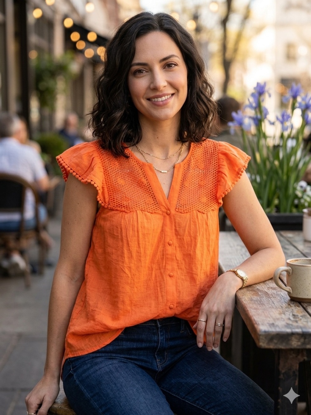 Daniel Rainn Orange Crochet Yoke Flutter Sleeve Blouse